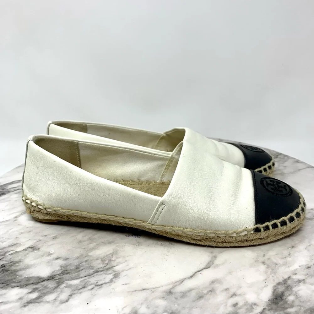 Tory Burch Color-Block Black/Cream Leather Espadrilles 6 Euro Summer Classic